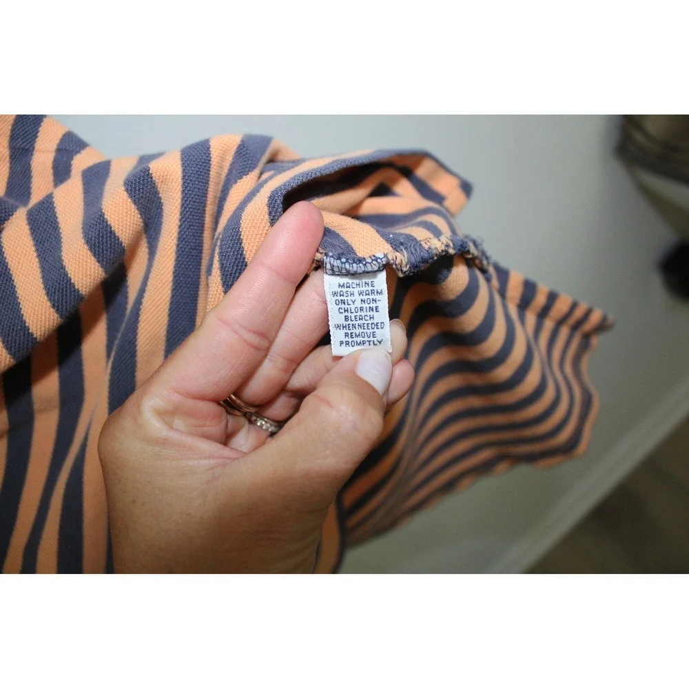 VTG Polo Ralph Lauren Mens XXL Orange Navy Blue Striped Pocket Polo Shirt Cotton